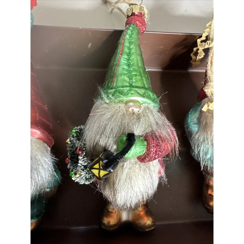 POTTERY BARN - New Mercury Glass GNOME Ornament w/ Faux Fur Beard - Set Of 5